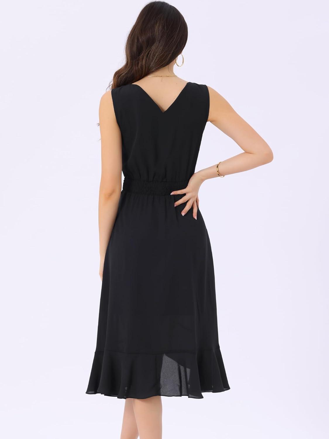 imageAllegra K Womens Summer Dresses 2025 Wrap Ruffle High Low Hem Round Neck Keyhole Back Sleeveless Floral DressBlack1