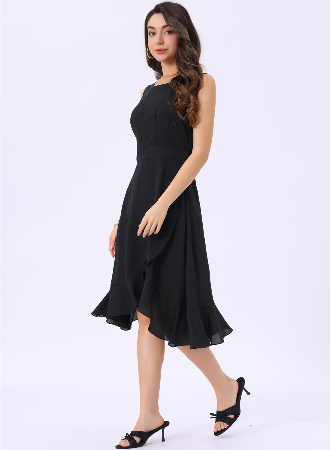 imageAllegra K Womens Summer Dresses 2025 Wrap Ruffle High Low Hem Round Neck Keyhole Back Sleeveless Floral DressBlack1