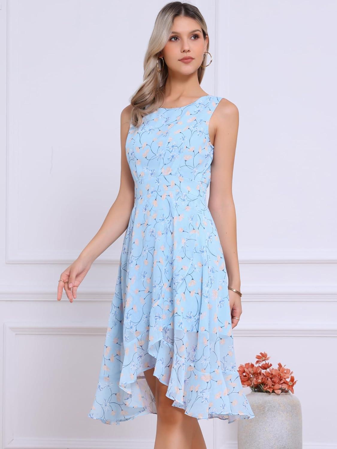 imageAllegra K Womens Summer Dresses 2025 Wrap Ruffle High Low Hem Round Neck Keyhole Back Sleeveless Floral DressBlue