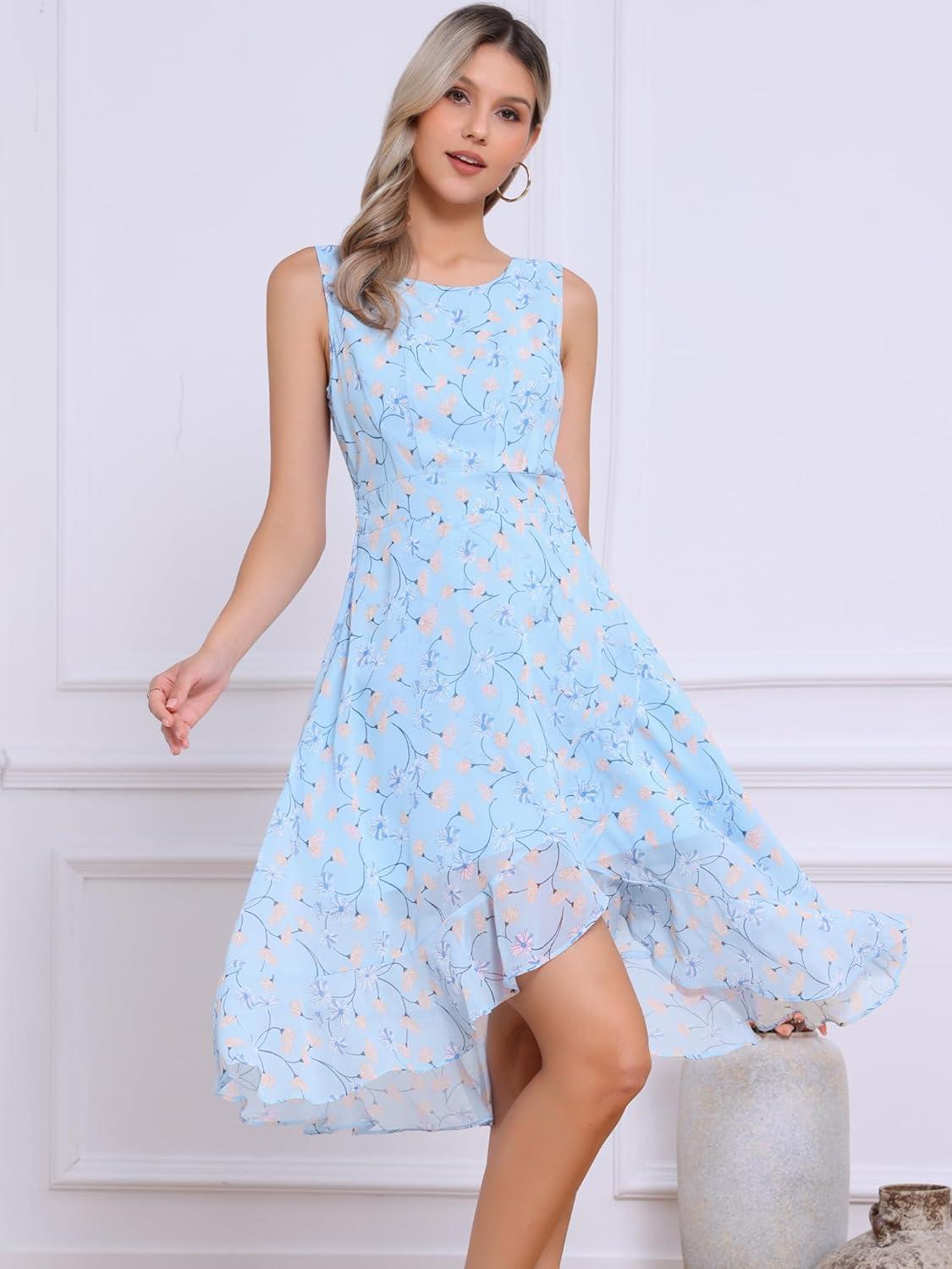 imageAllegra K Womens Summer Dresses 2025 Wrap Ruffle High Low Hem Round Neck Keyhole Back Sleeveless Floral DressBlue