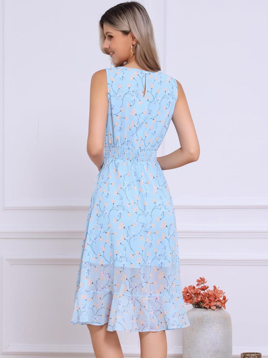 imageAllegra K Womens Summer Dresses 2025 Wrap Ruffle High Low Hem Round Neck Keyhole Back Sleeveless Floral DressBlue