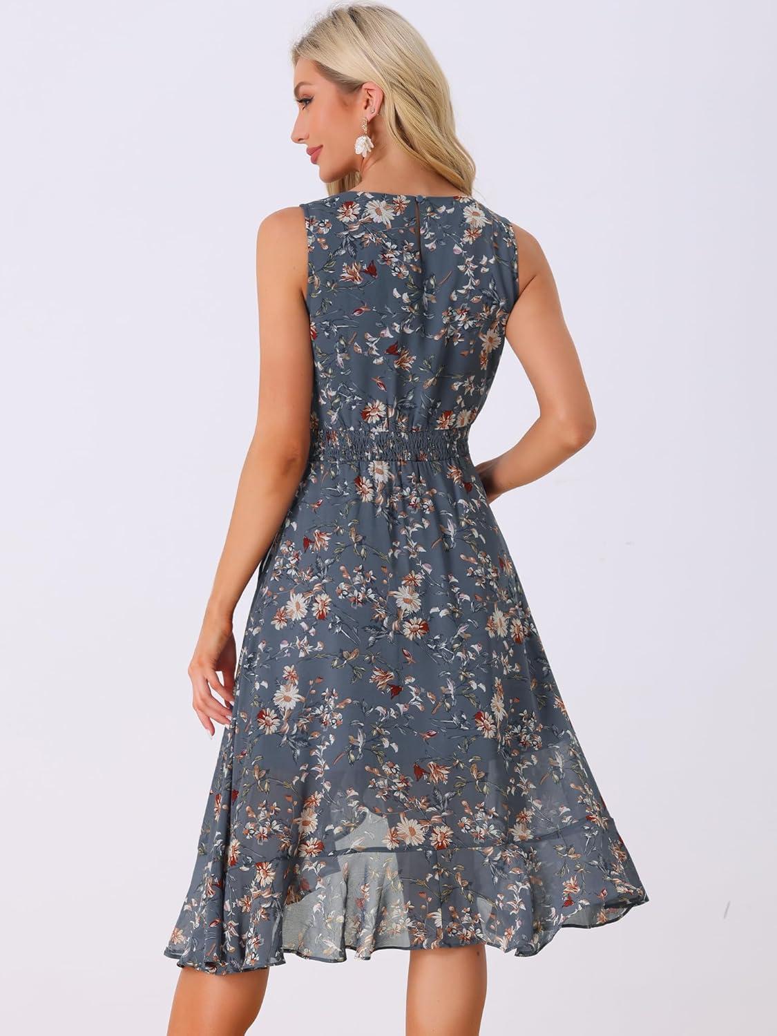 imageAllegra K Womens Summer Dresses 2025 Wrap Ruffle High Low Hem Round Neck Keyhole Back Sleeveless Floral DressBlue Grey