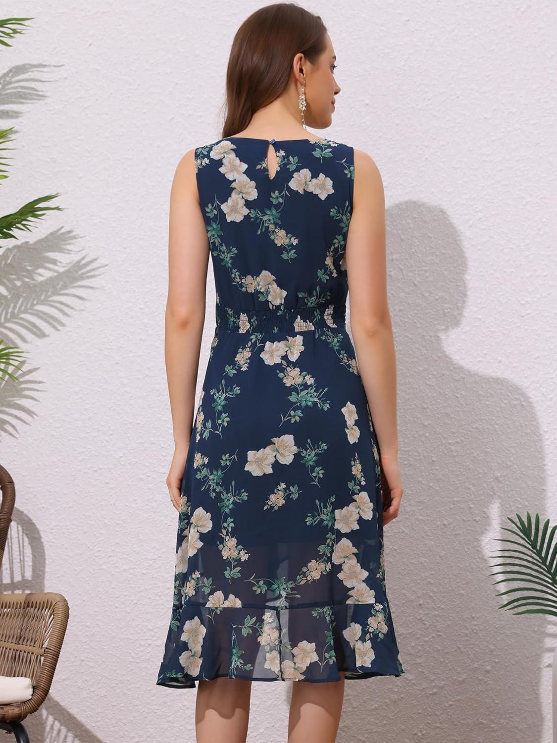 imageAllegra K Womens Summer Dresses 2025 Wrap Ruffle High Low Hem Round Neck Keyhole Back Sleeveless Floral DressDark Blue