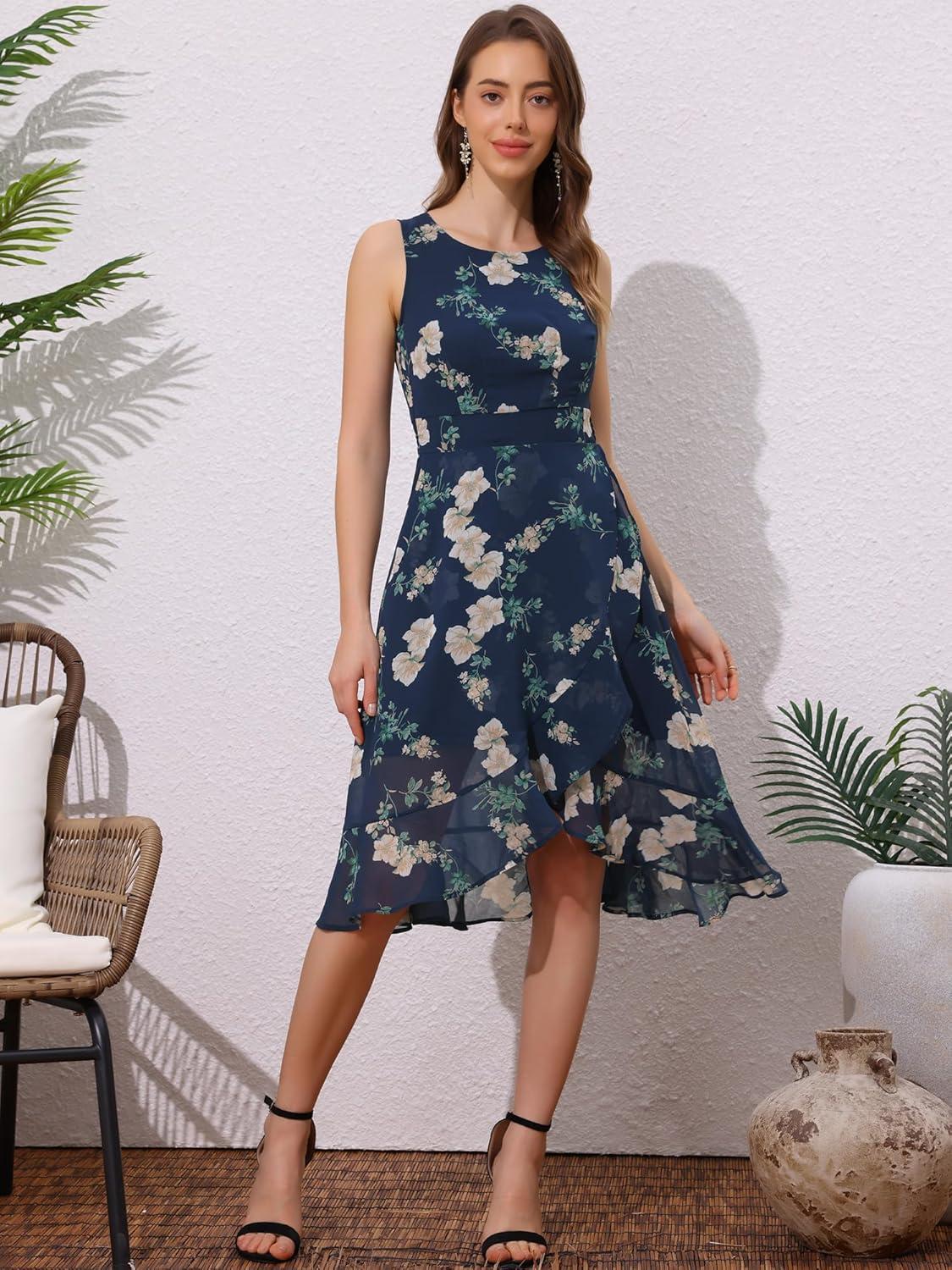 imageAllegra K Womens Summer Dresses 2025 Wrap Ruffle High Low Hem Round Neck Keyhole Back Sleeveless Floral DressDark Blue