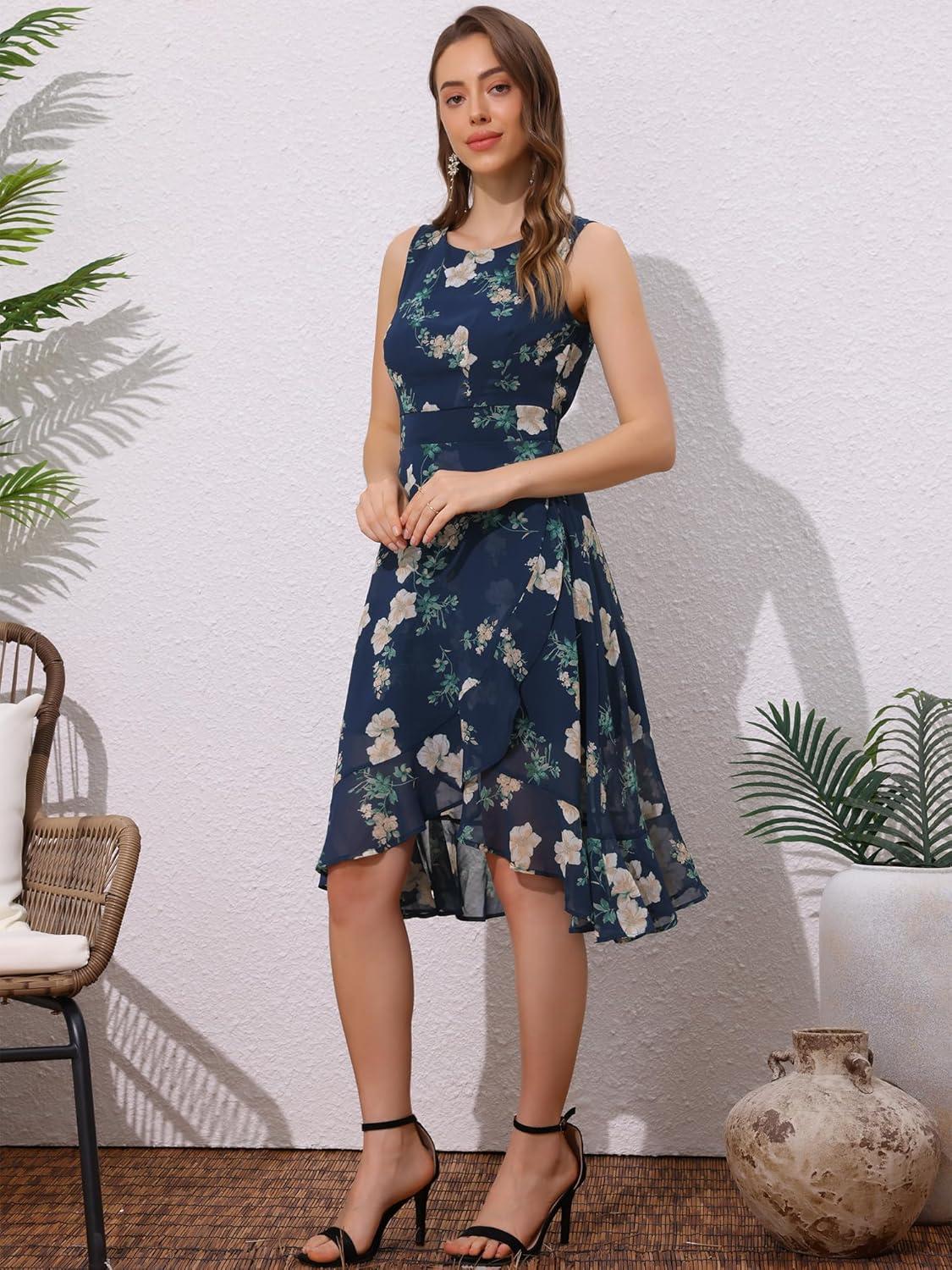 imageAllegra K Womens Summer Dresses 2025 Wrap Ruffle High Low Hem Round Neck Keyhole Back Sleeveless Floral DressDark Blue