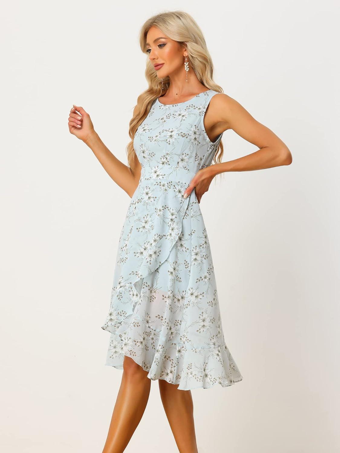 imageAllegra K Womens Summer Dresses 2025 Wrap Ruffle High Low Hem Round Neck Keyhole Back Sleeveless Floral DressLight Blue