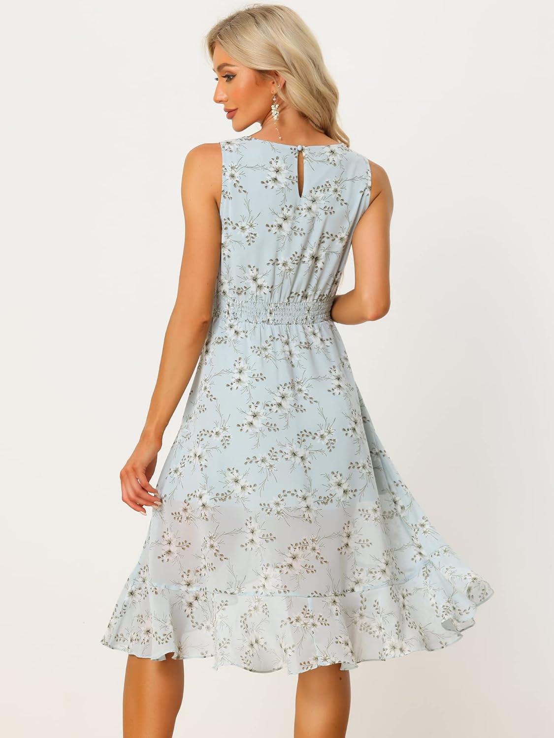 imageAllegra K Womens Summer Dresses 2025 Wrap Ruffle High Low Hem Round Neck Keyhole Back Sleeveless Floral DressLight Blue