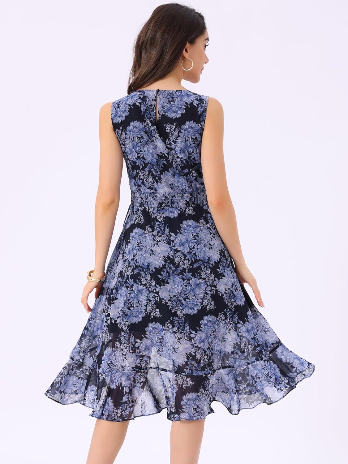 imageAllegra K Womens Summer Dresses 2025 Wrap Ruffle High Low Hem Round Neck Keyhole Back Sleeveless Floral DressNavy Blue