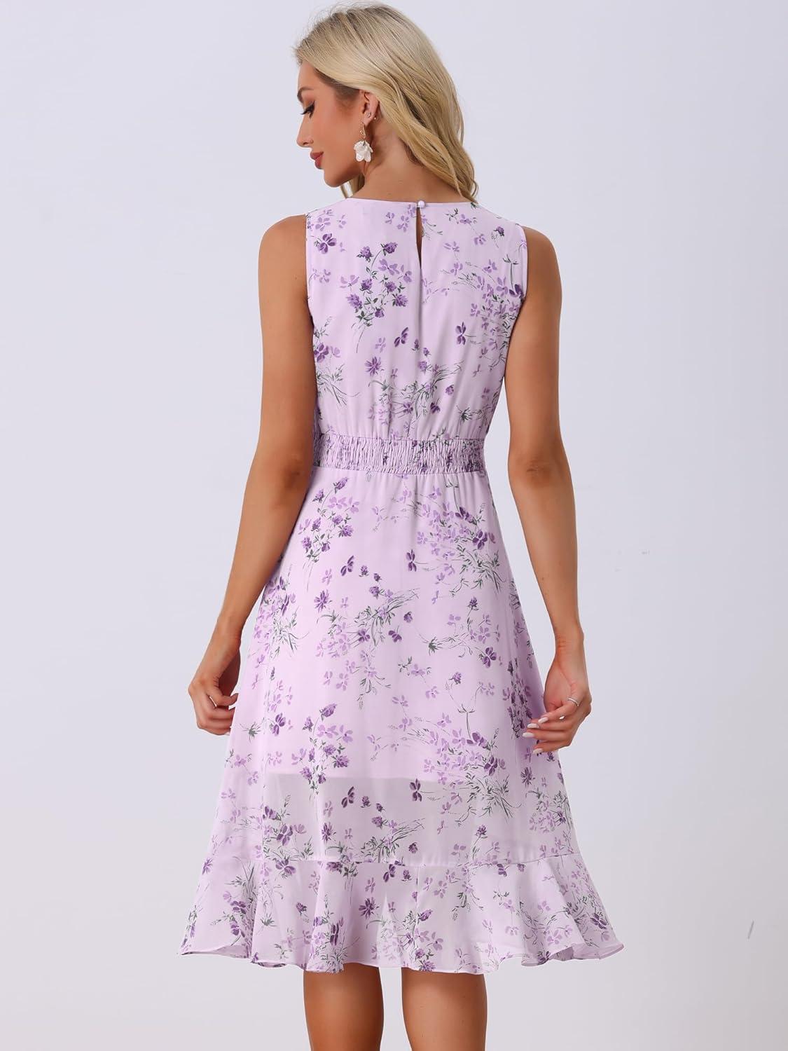 imageAllegra K Womens Summer Dresses 2025 Wrap Ruffle High Low Hem Round Neck Keyhole Back Sleeveless Floral DressPurple