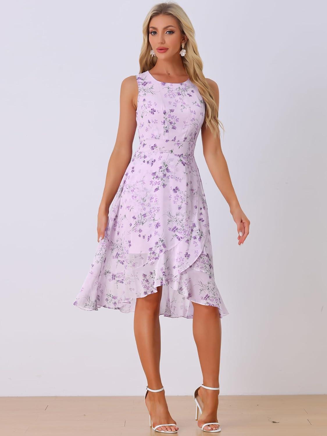 imageAllegra K Womens Summer Dresses 2025 Wrap Ruffle High Low Hem Round Neck Keyhole Back Sleeveless Floral DressPurple