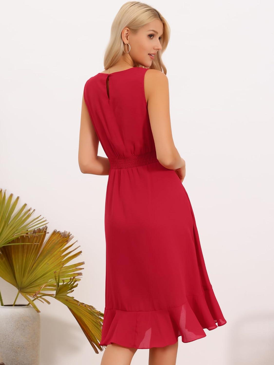 imageAllegra K Womens Summer Dresses 2025 Wrap Ruffle High Low Hem Round Neck Keyhole Back Sleeveless Floral DressRed