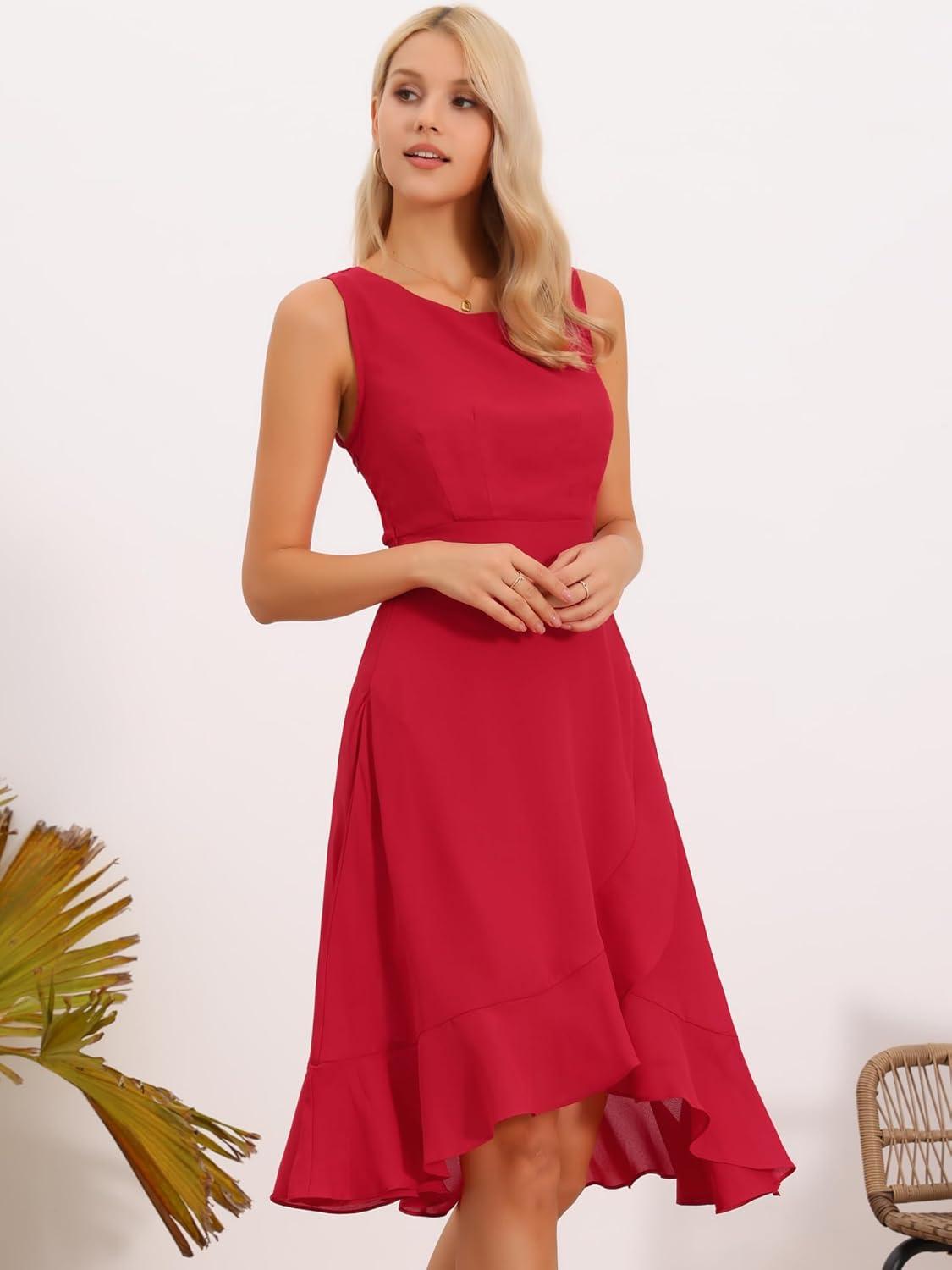 imageAllegra K Womens Summer Dresses 2025 Wrap Ruffle High Low Hem Round Neck Keyhole Back Sleeveless Floral DressRed
