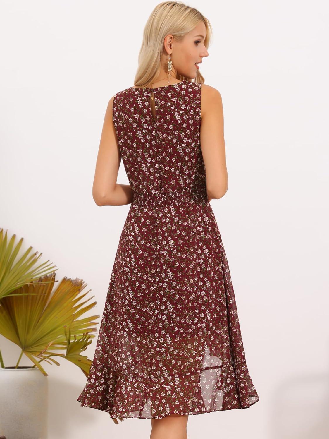 imageAllegra K Womens Summer Dresses 2025 Wrap Ruffle High Low Hem Round Neck Keyhole Back Sleeveless Floral DressWine Red