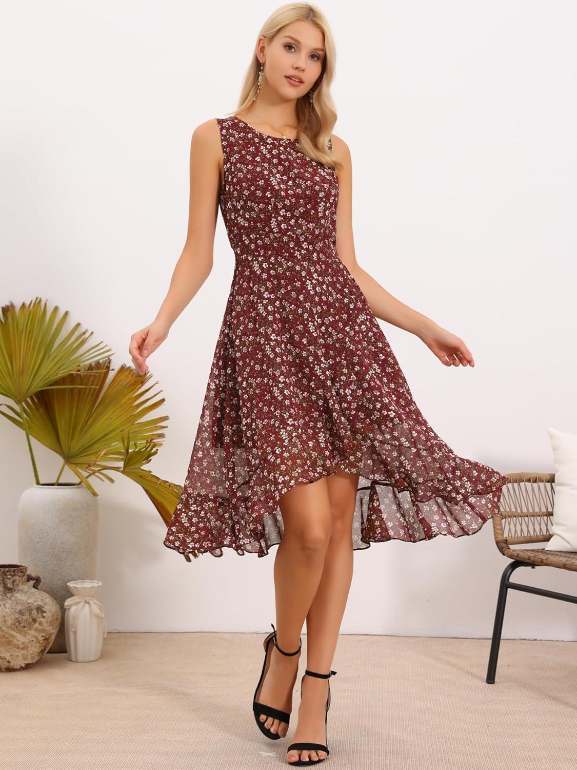 imageAllegra K Womens Summer Dresses 2025 Wrap Ruffle High Low Hem Round Neck Keyhole Back Sleeveless Floral DressWine Red