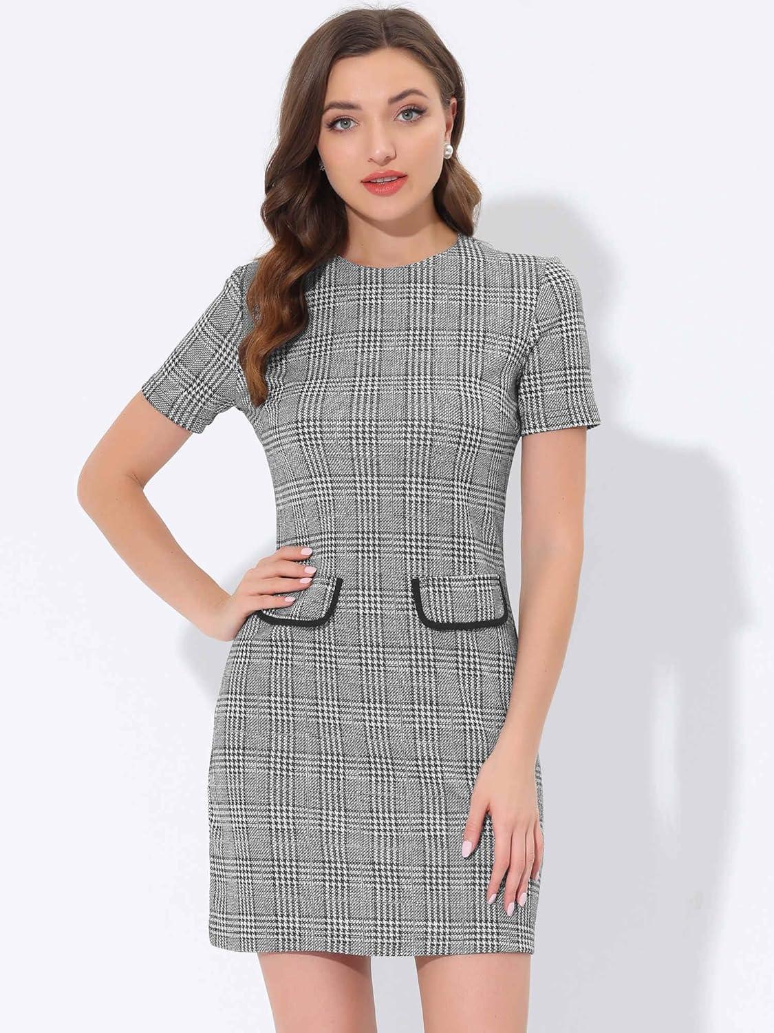 imageAllegra K Work Dress for Women Short Sleeve Vintage Houndstooth Above The Knee DressBlack