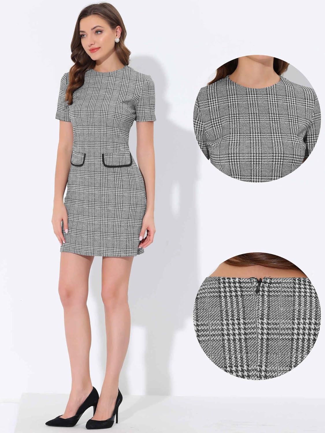 imageAllegra K Work Dress for Women Short Sleeve Vintage Houndstooth Above The Knee DressBlack