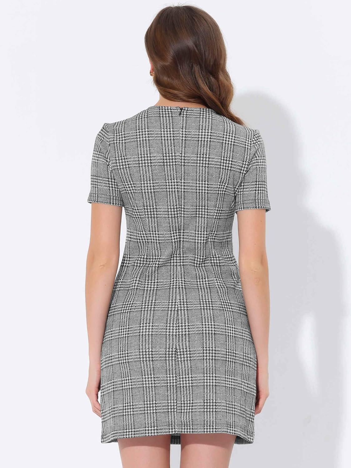 imageAllegra K Work Dress for Women Short Sleeve Vintage Houndstooth Above The Knee DressBlack