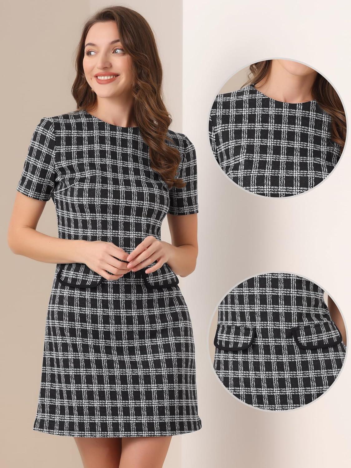 imageAllegra K Work Dress for Women Short Sleeve Vintage Houndstooth Above The Knee DressBlack White