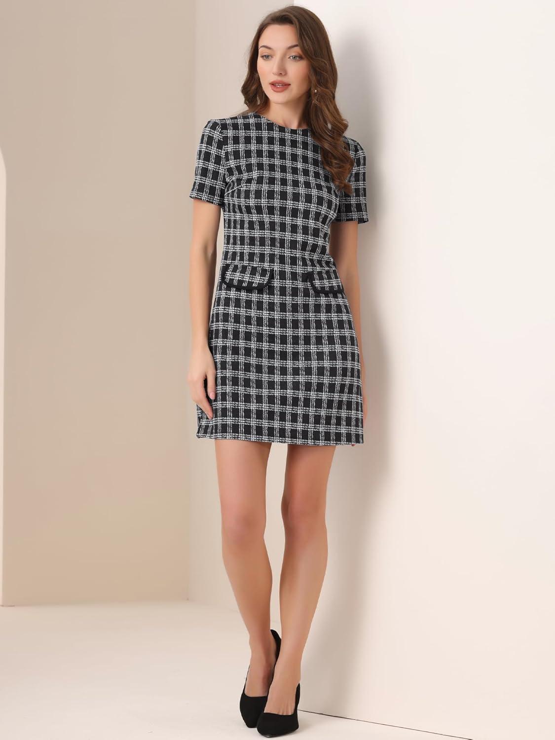 imageAllegra K Work Dress for Women Short Sleeve Vintage Houndstooth Above The Knee DressBlack White