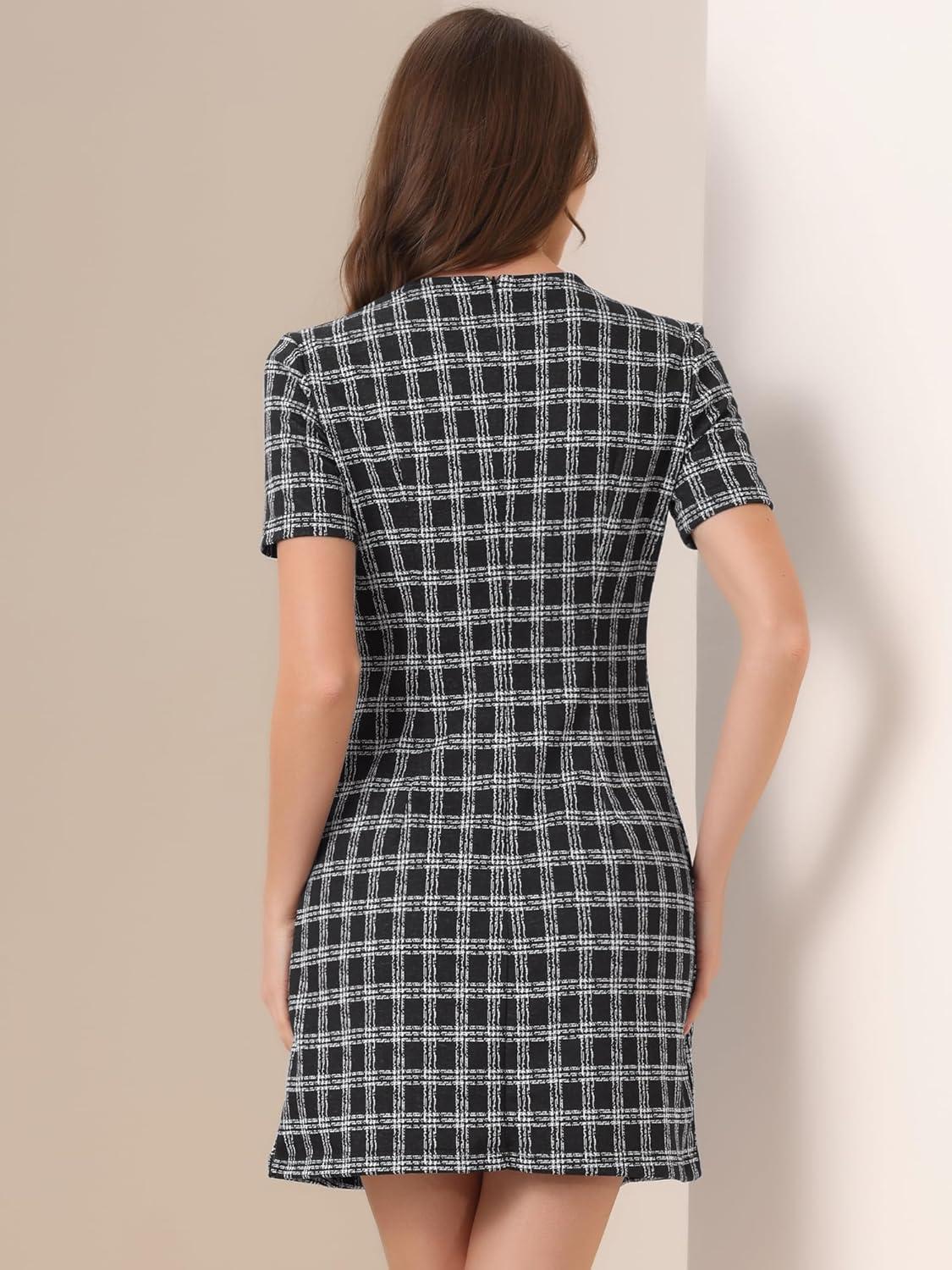 imageAllegra K Work Dress for Women Short Sleeve Vintage Houndstooth Above The Knee DressBlack White