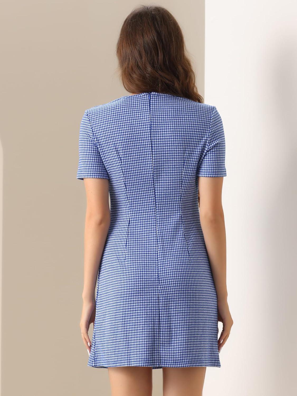 imageAllegra K Work Dress for Women Short Sleeve Vintage Houndstooth Above The Knee DressBlue Houndstooth