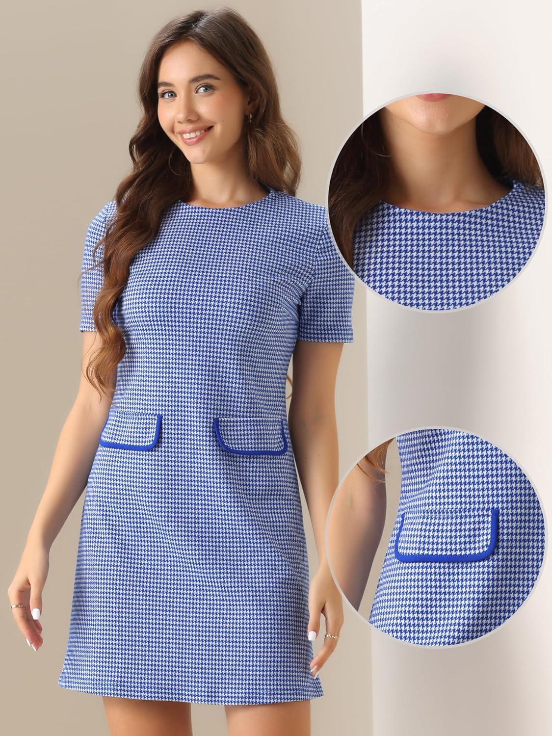 imageAllegra K Work Dress for Women Short Sleeve Vintage Houndstooth Above The Knee DressBlue Houndstooth