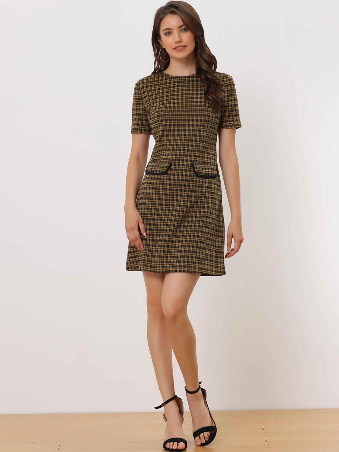 imageAllegra K Work Dress for Women Short Sleeve Vintage Houndstooth Above The Knee DressBrown