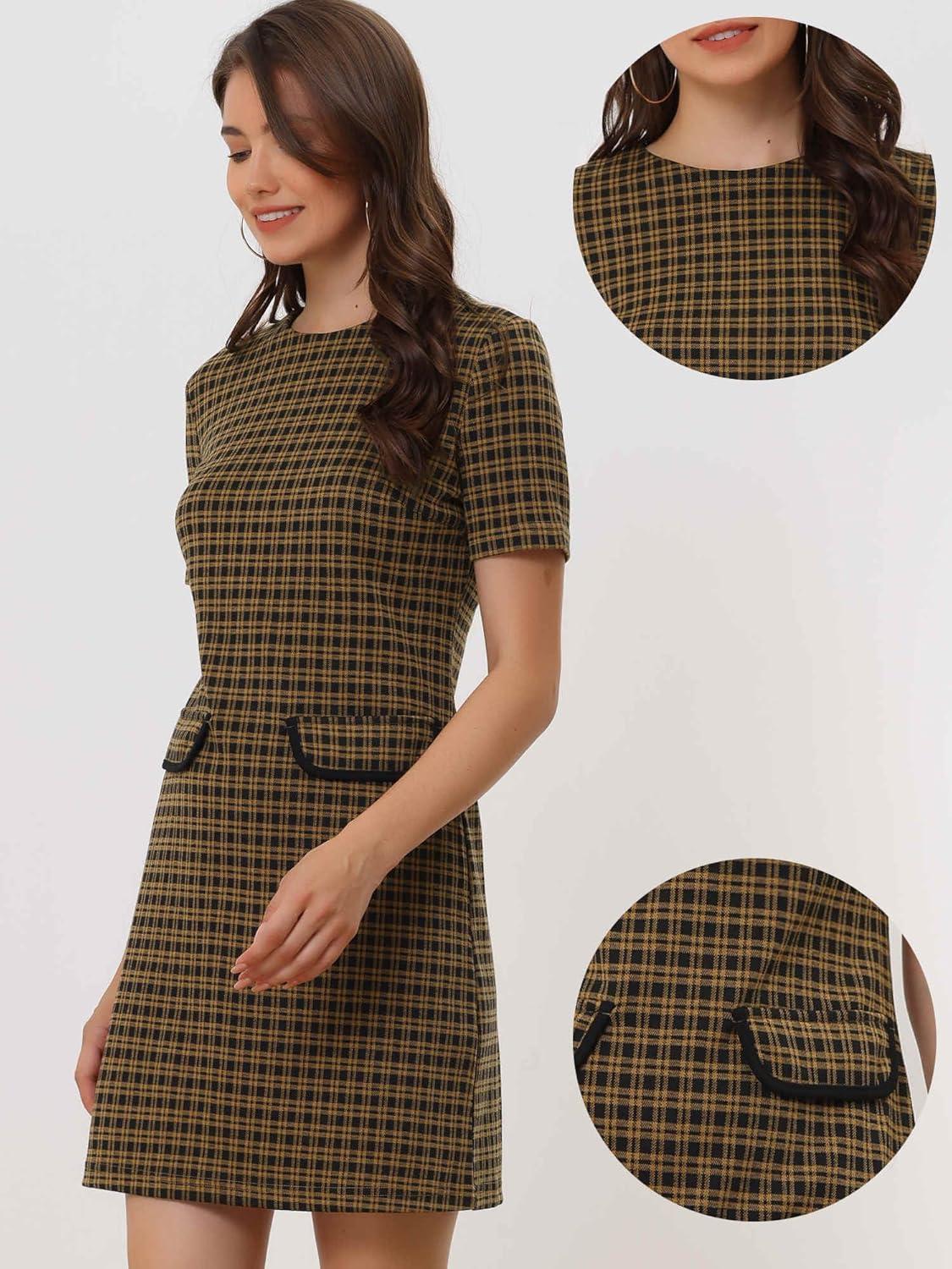 imageAllegra K Work Dress for Women Short Sleeve Vintage Houndstooth Above The Knee DressBrown
