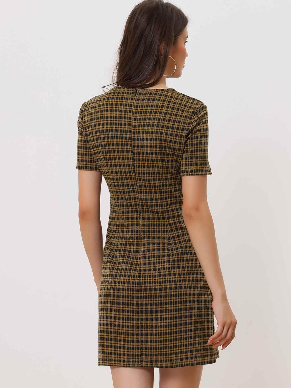 imageAllegra K Work Dress for Women Short Sleeve Vintage Houndstooth Above The Knee DressBrown