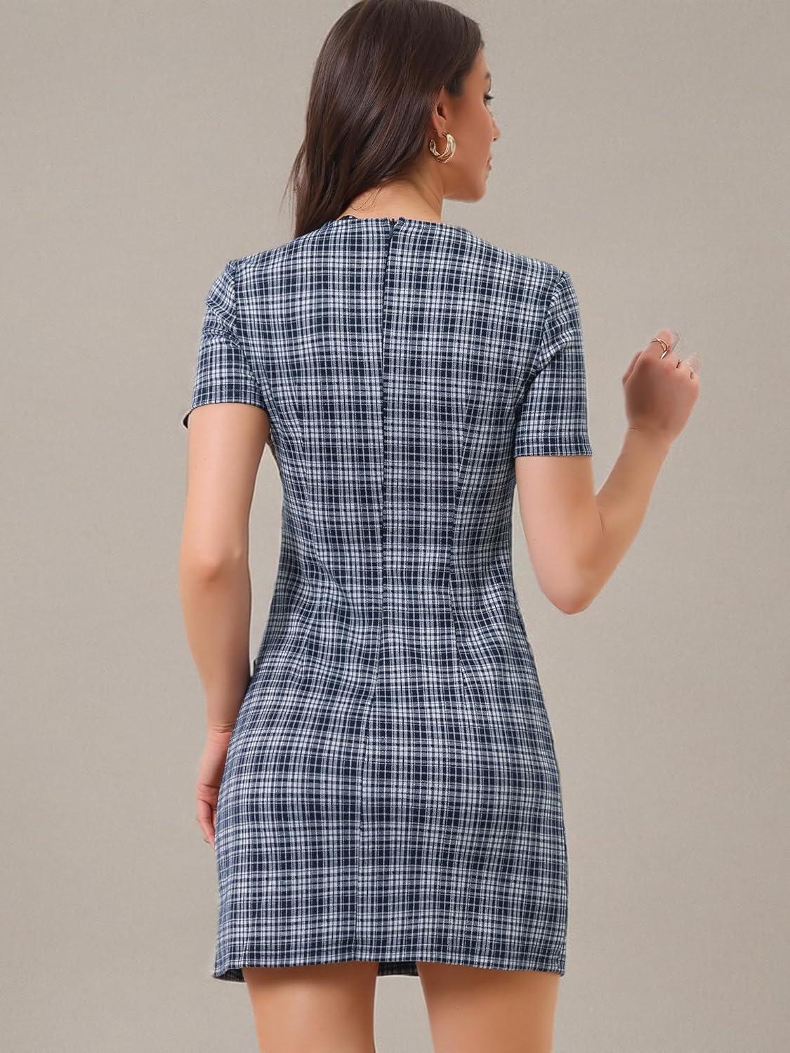 imageAllegra K Work Dress for Women Short Sleeve Vintage Houndstooth Above The Knee DressDark Blue