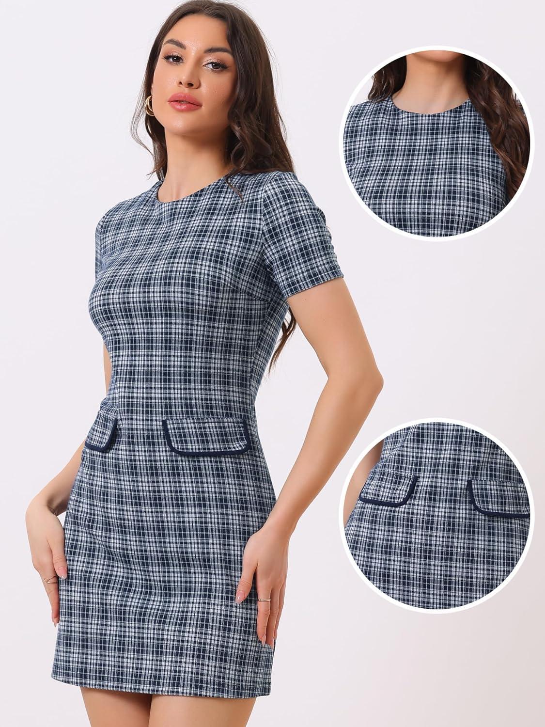 imageAllegra K Work Dress for Women Short Sleeve Vintage Houndstooth Above The Knee DressDark Blue