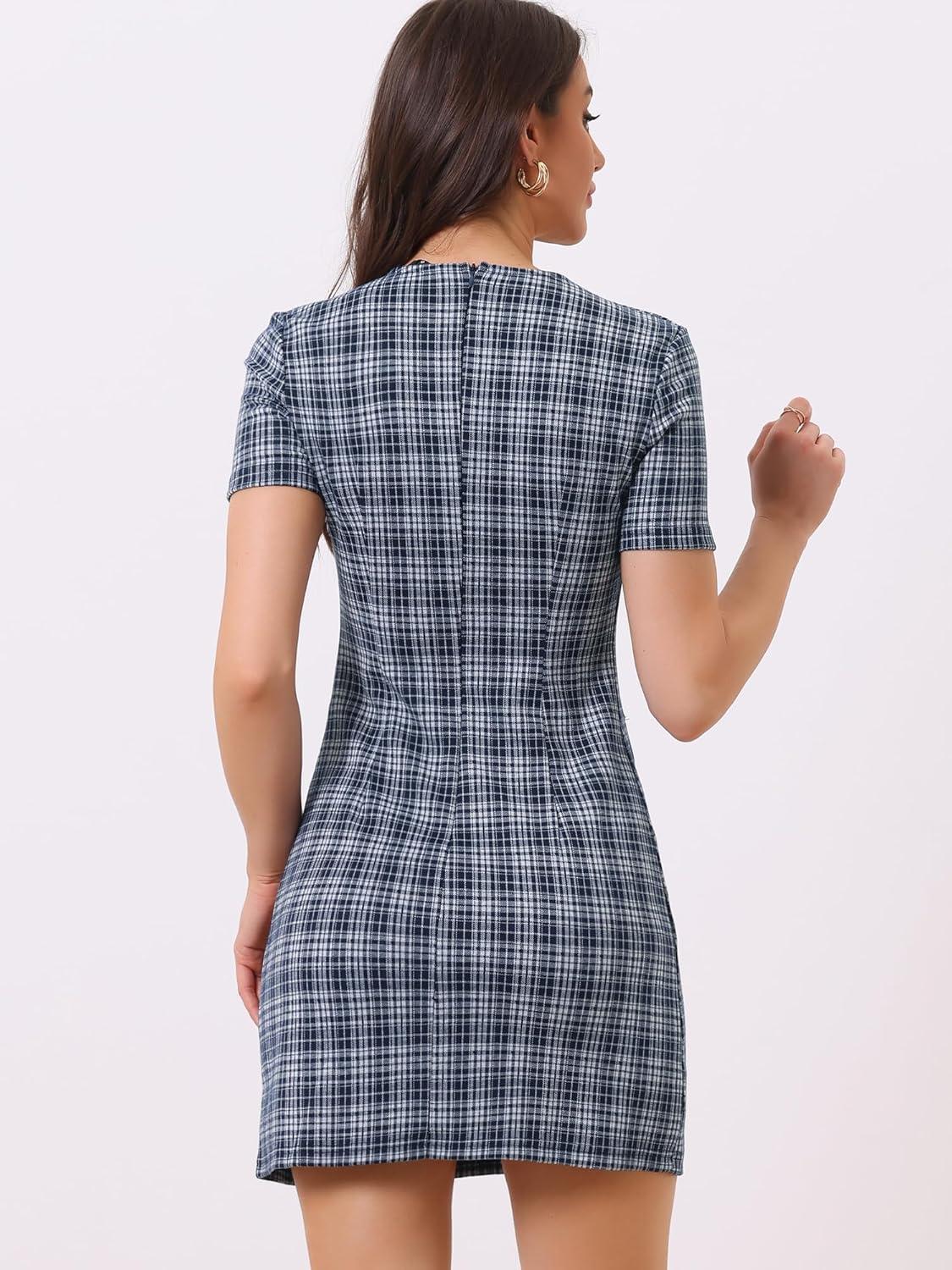 imageAllegra K Work Dress for Women Short Sleeve Vintage Houndstooth Above The Knee DressDark Blue