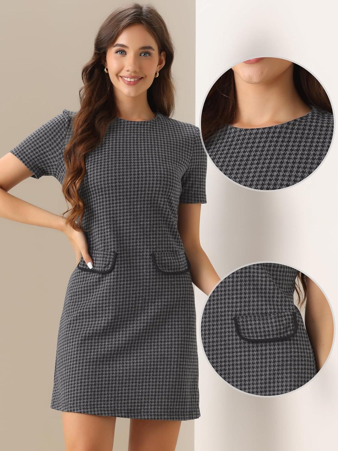 imageAllegra K Work Dress for Women Short Sleeve Vintage Houndstooth Above The Knee DressGray Houndstooth