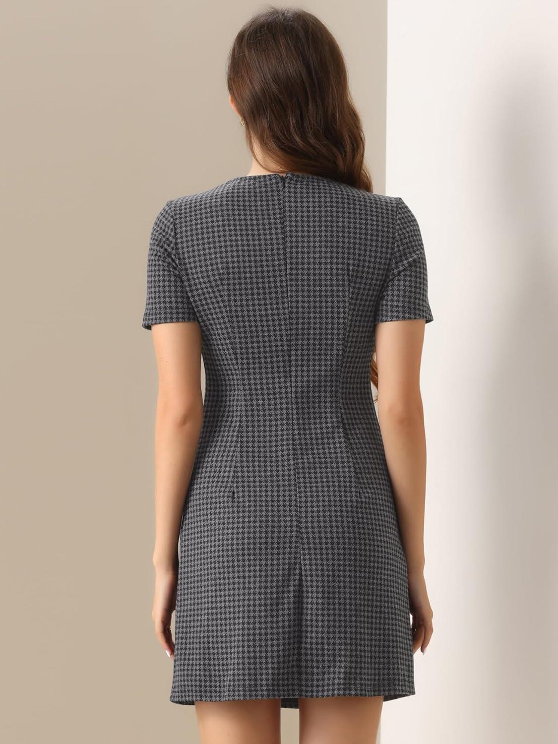 imageAllegra K Work Dress for Women Short Sleeve Vintage Houndstooth Above The Knee DressGray Houndstooth