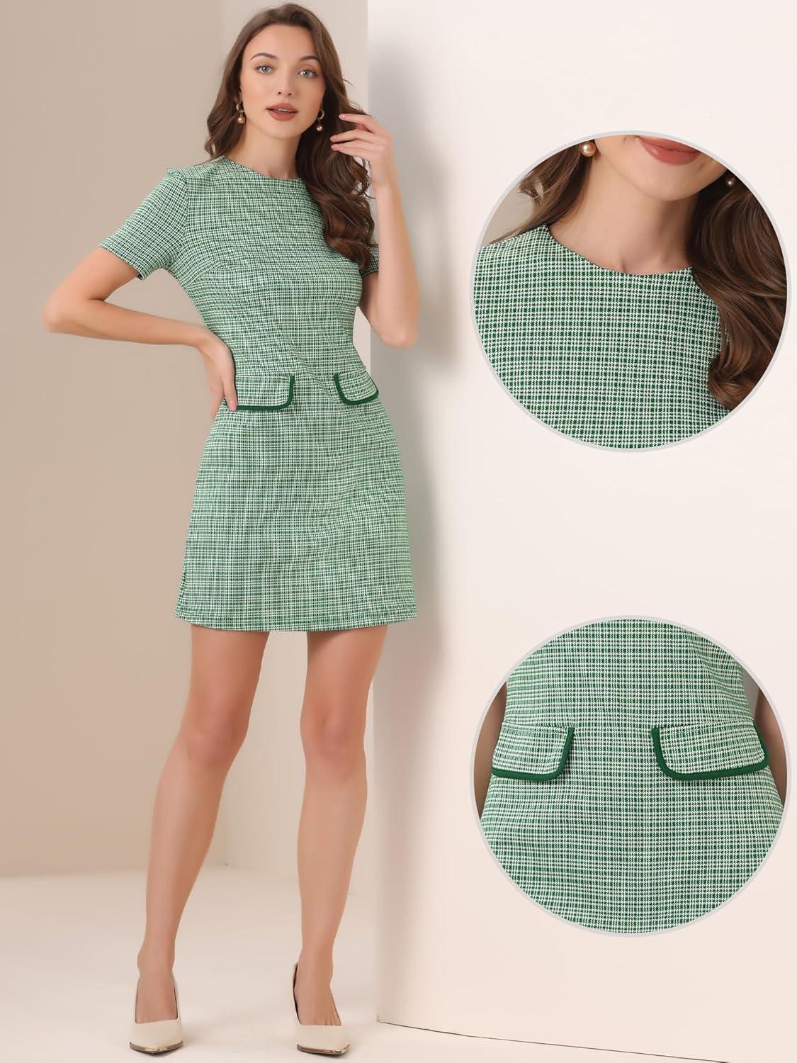 imageAllegra K Work Dress for Women Short Sleeve Vintage Houndstooth Above The Knee DressGreen