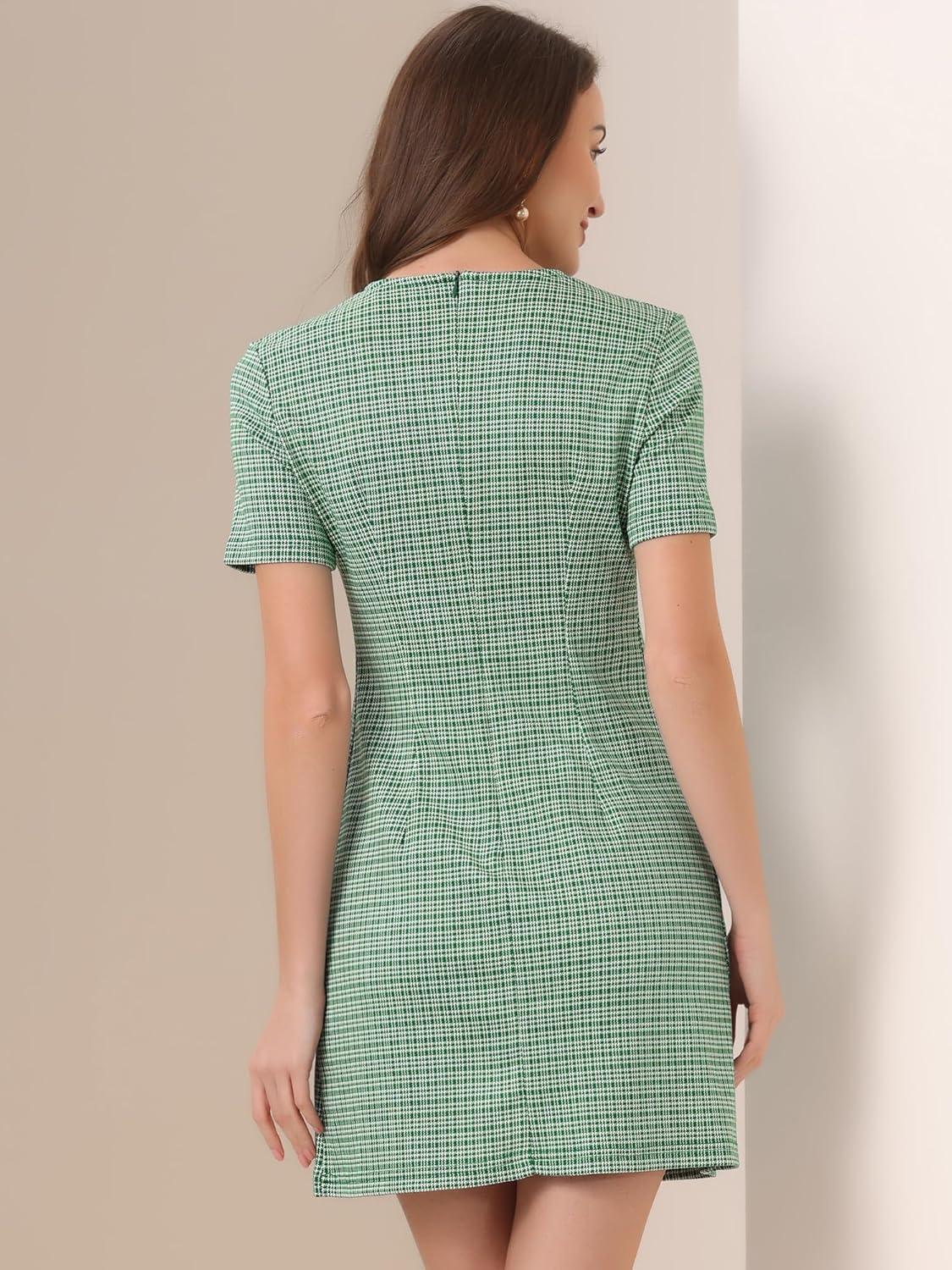 imageAllegra K Work Dress for Women Short Sleeve Vintage Houndstooth Above The Knee DressGreen