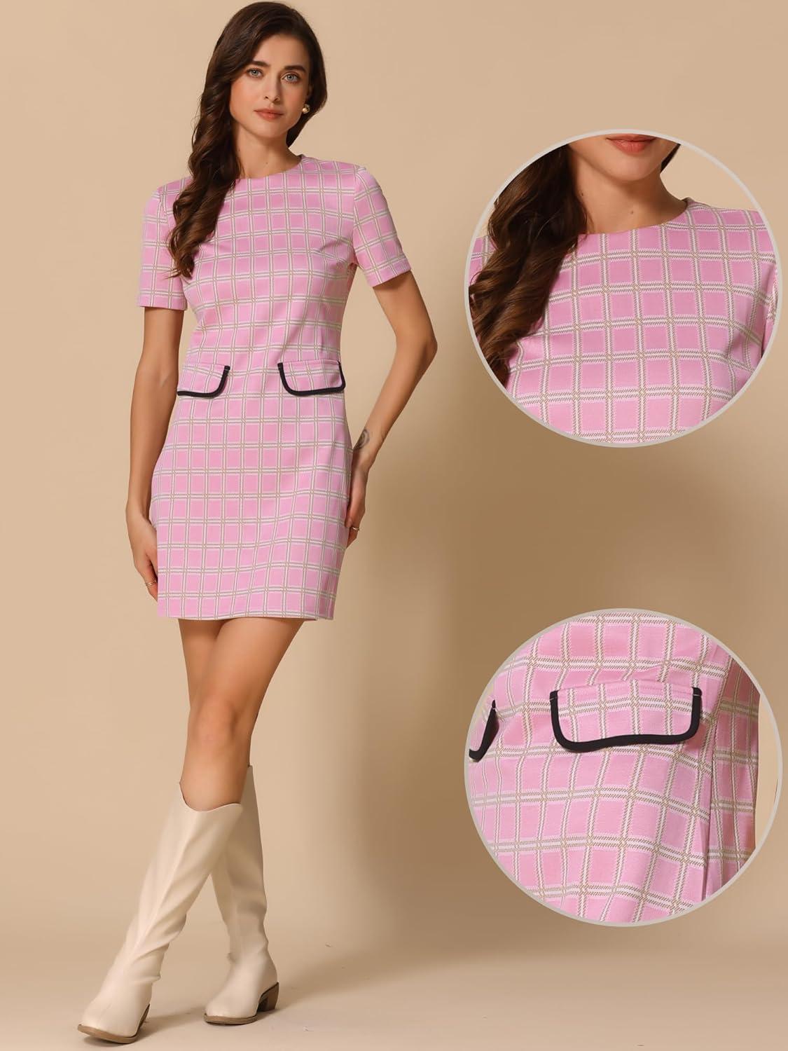 imageAllegra K Work Dress for Women Short Sleeve Vintage Houndstooth Above The Knee DressPink