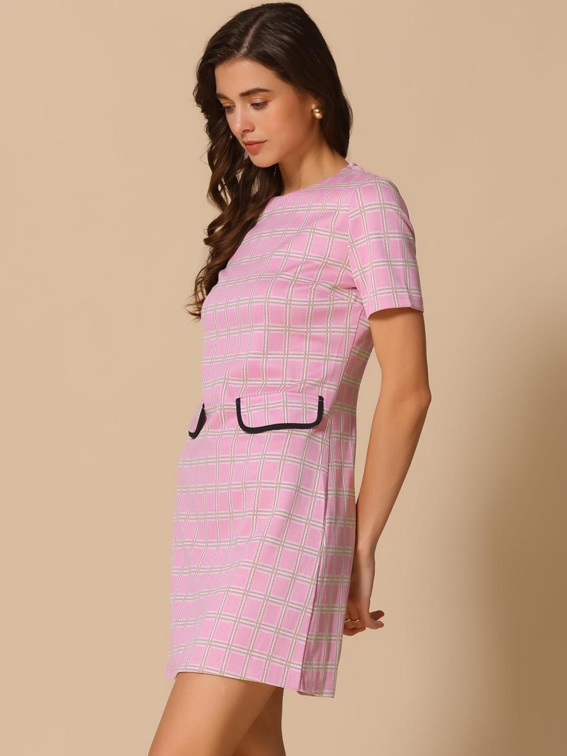 imageAllegra K Work Dress for Women Short Sleeve Vintage Houndstooth Above The Knee DressPink