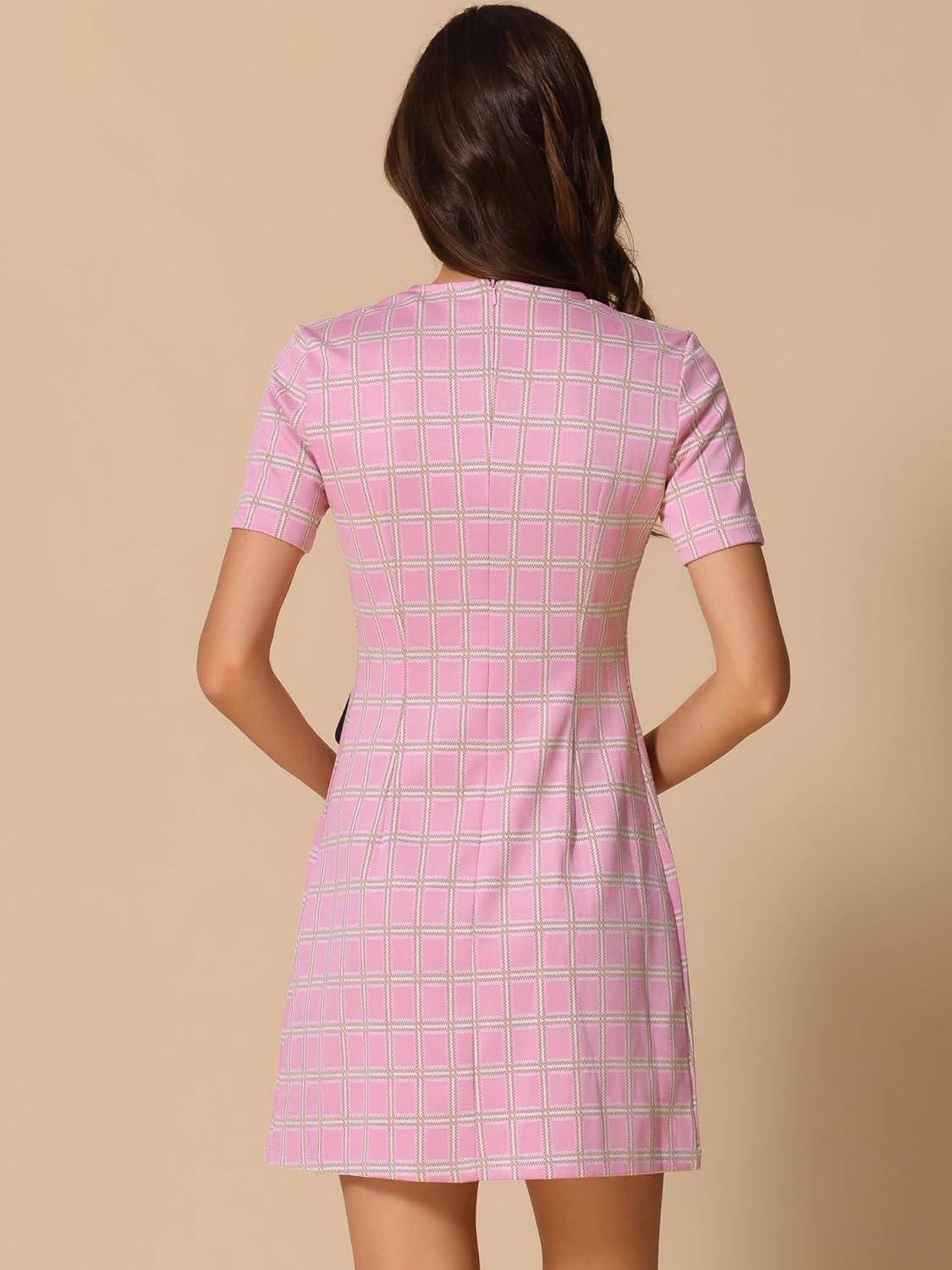 imageAllegra K Work Dress for Women Short Sleeve Vintage Houndstooth Above The Knee DressPink