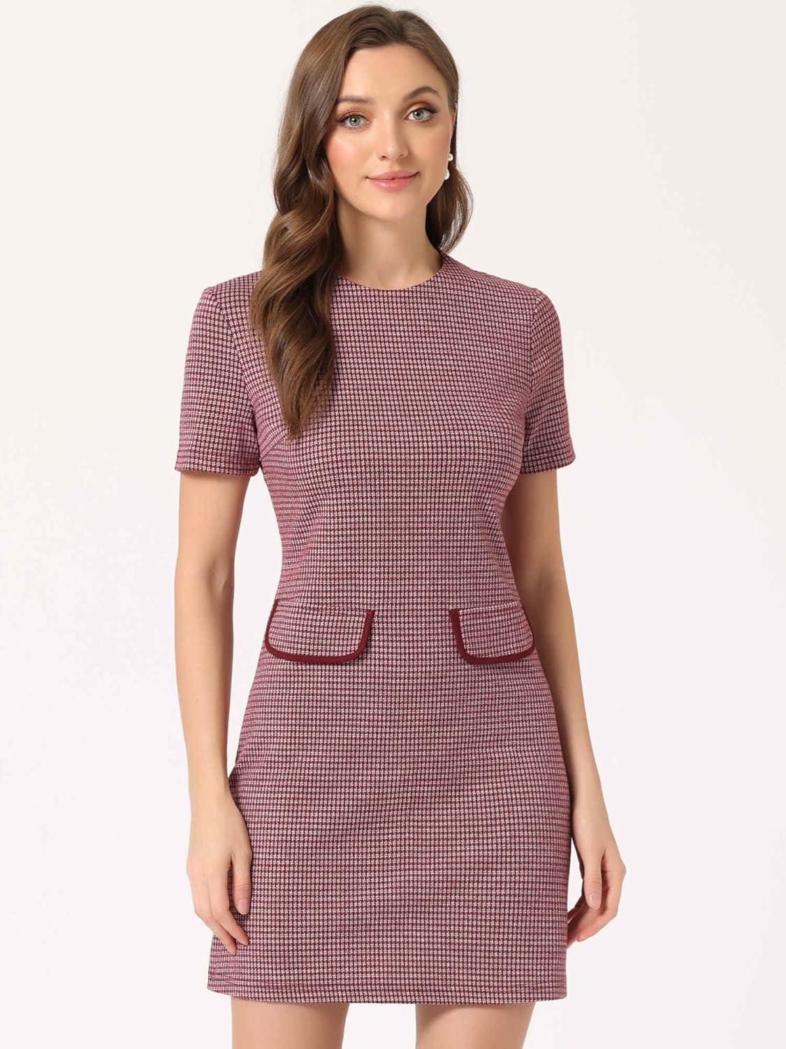 imageAllegra K Work Dress for Women Short Sleeve Vintage Houndstooth Above The Knee DressRed