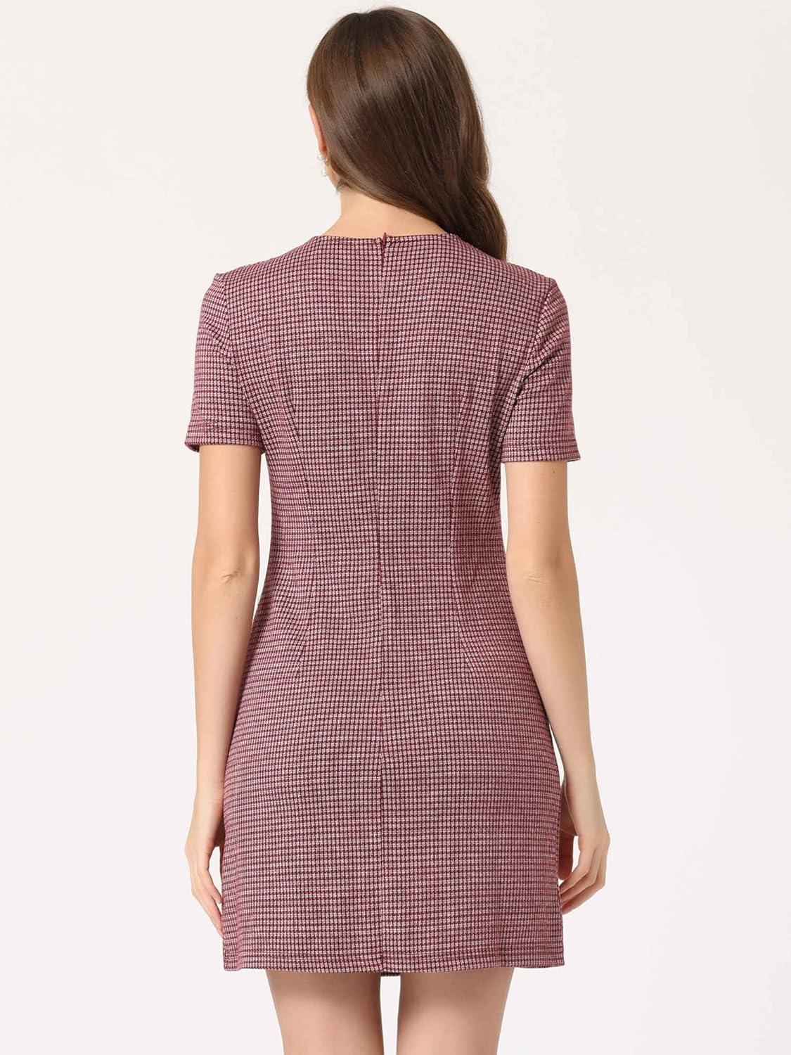 imageAllegra K Work Dress for Women Short Sleeve Vintage Houndstooth Above The Knee DressRed