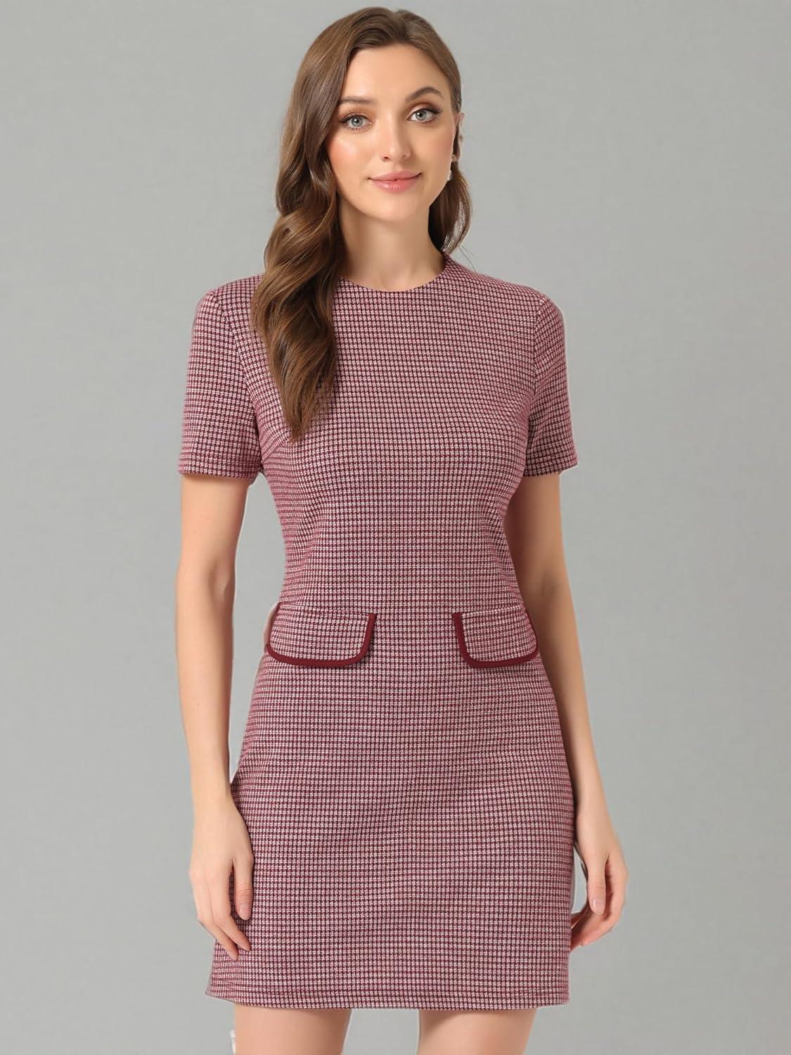 imageAllegra K Work Dress for Women Short Sleeve Vintage Houndstooth Above The Knee DressRed