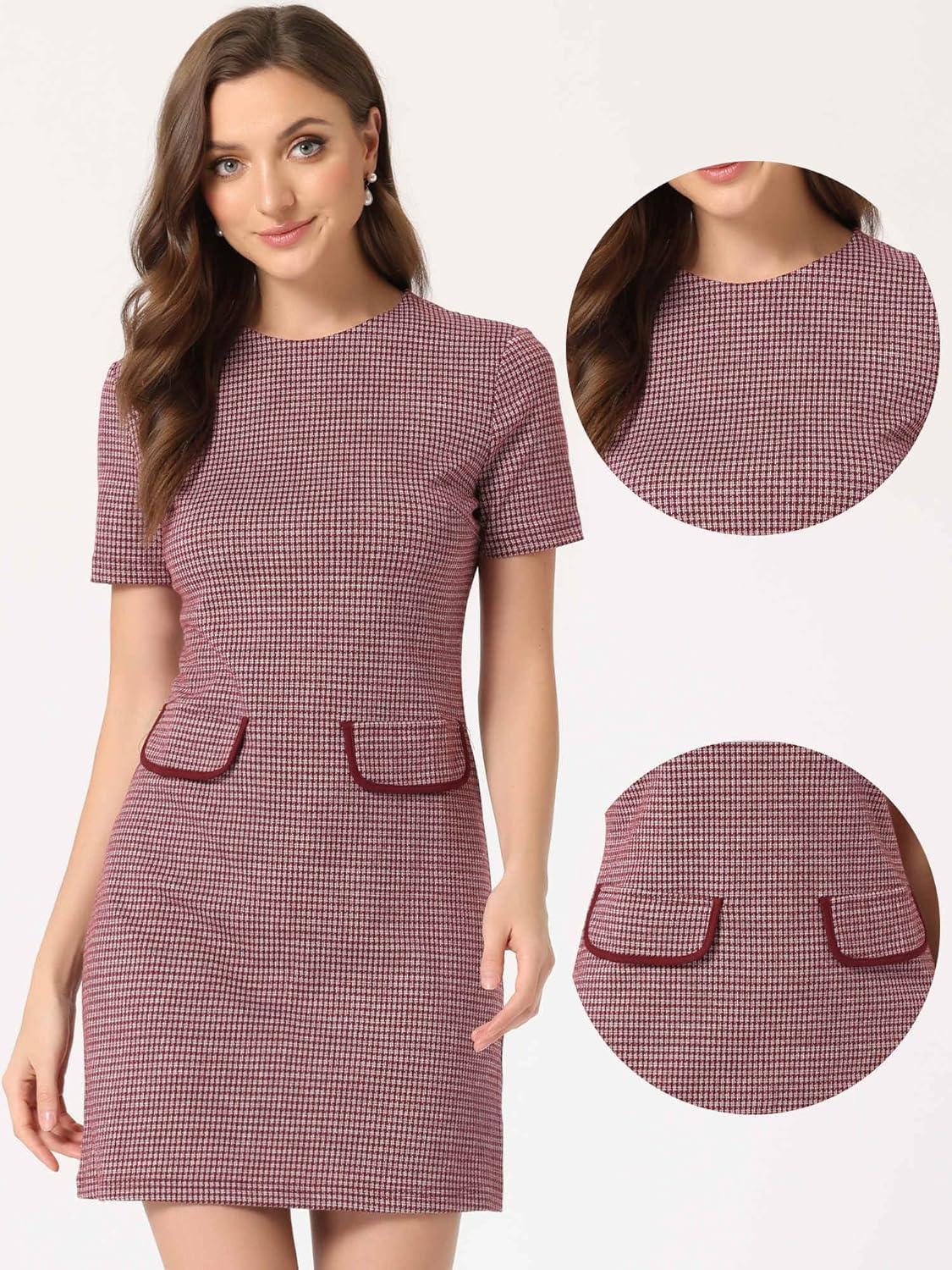 imageAllegra K Work Dress for Women Short Sleeve Vintage Houndstooth Above The Knee DressRed