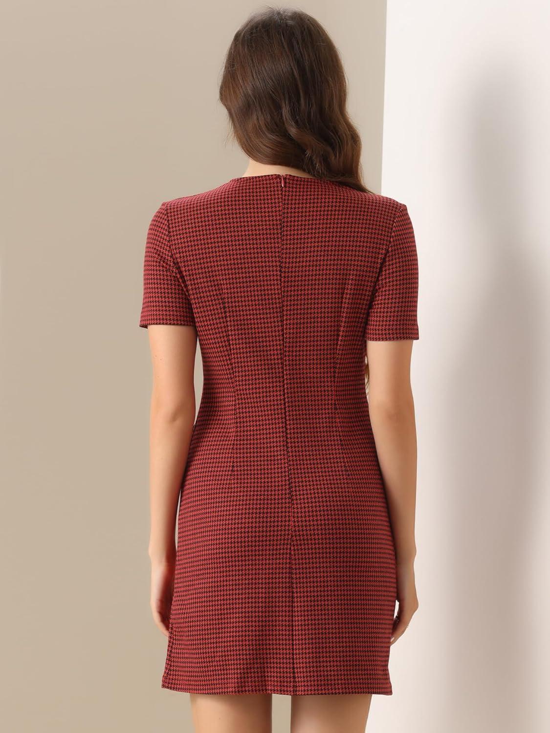 imageAllegra K Work Dress for Women Short Sleeve Vintage Houndstooth Above The Knee DressRed Houndstooth