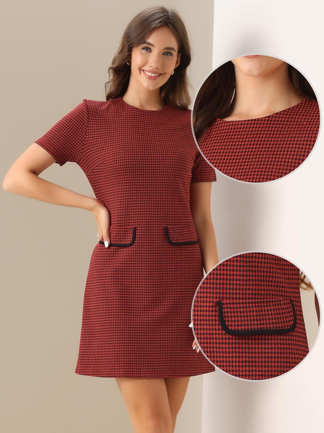 imageAllegra K Work Dress for Women Short Sleeve Vintage Houndstooth Above The Knee DressRed Houndstooth