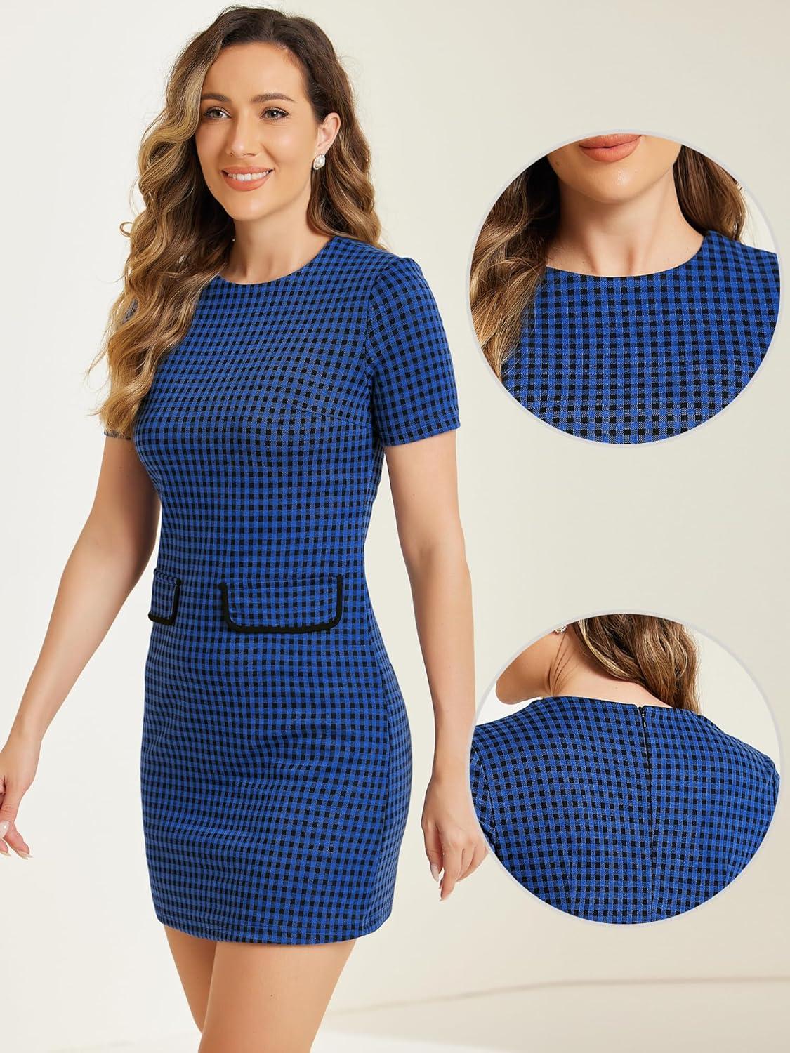 imageAllegra K Work Dress for Women Short Sleeve Vintage Houndstooth Above The Knee DressRoyal Blue