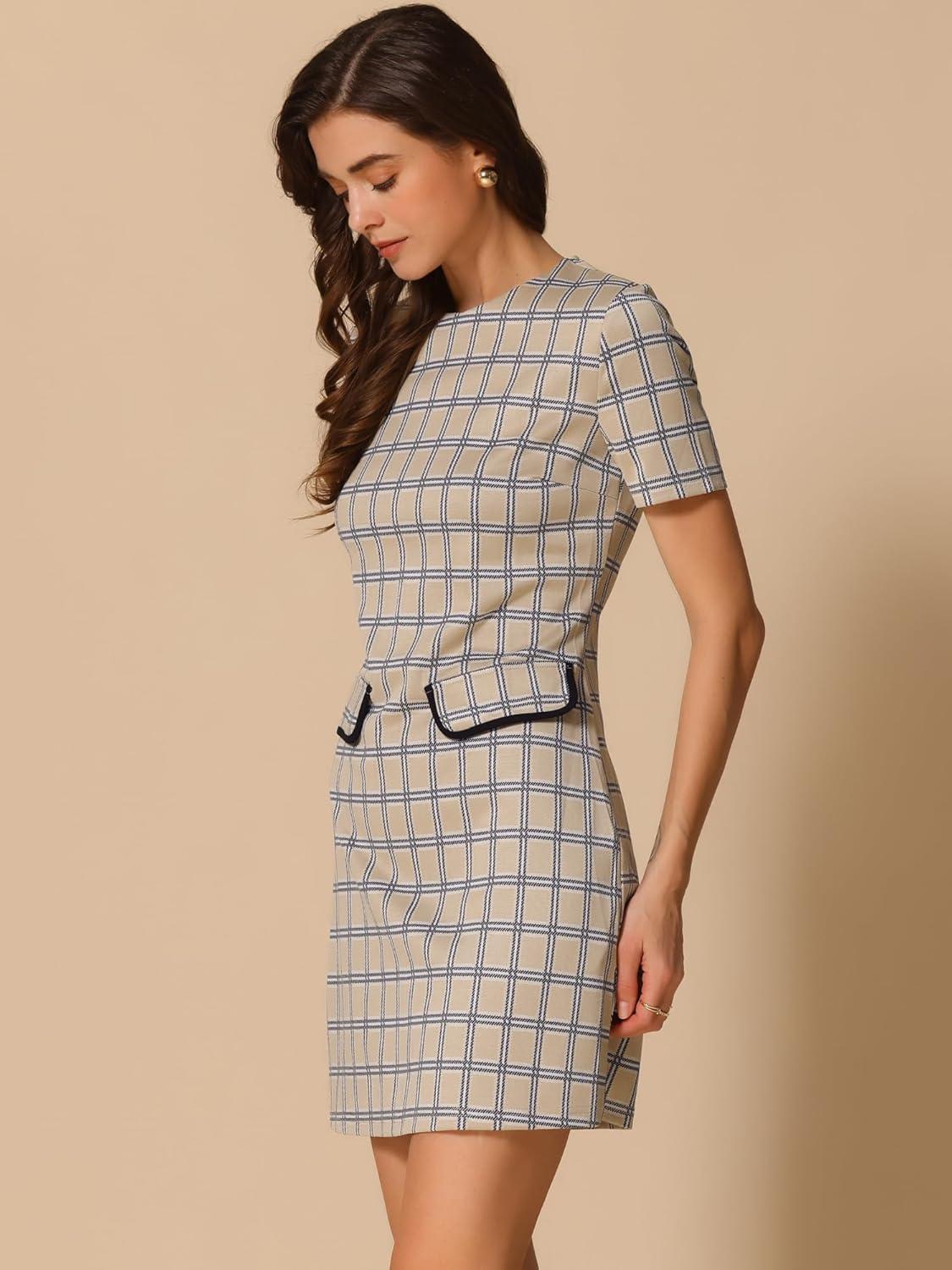 imageAllegra K Work Dress for Women Short Sleeve Vintage Houndstooth Above The Knee DressTan