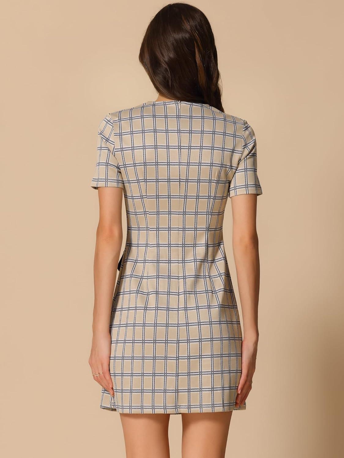 imageAllegra K Work Dress for Women Short Sleeve Vintage Houndstooth Above The Knee DressTan