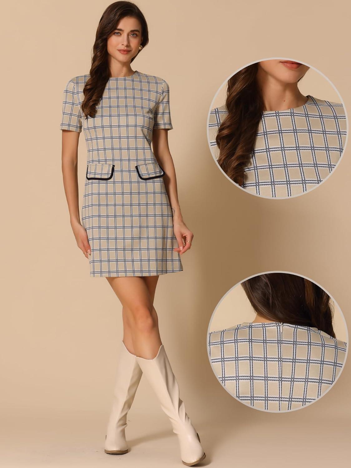 imageAllegra K Work Dress for Women Short Sleeve Vintage Houndstooth Above The Knee DressTan