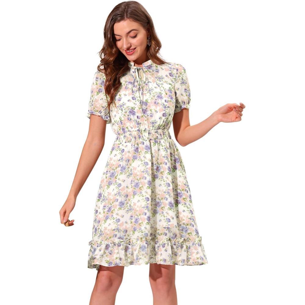imageAllegra K Floral Dress for Womens 2024 Summer Puff Sleeve Ruffles Tiered Chiffon Smocked DressesWhite